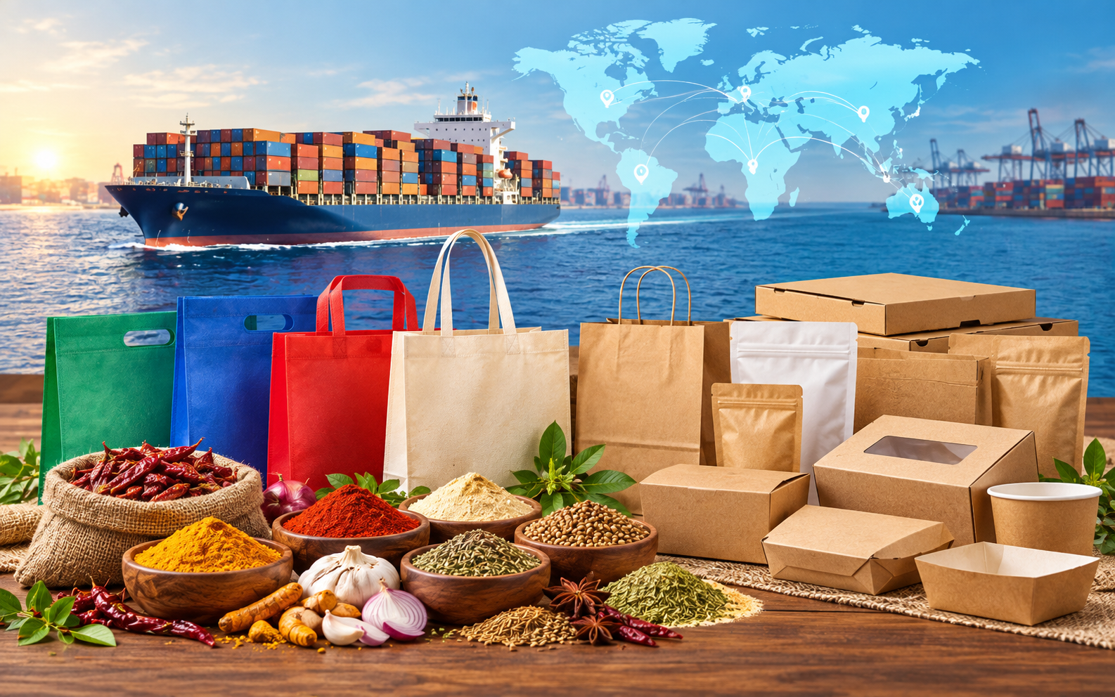 Spices, non-woven bags, paper bags and packaging for export